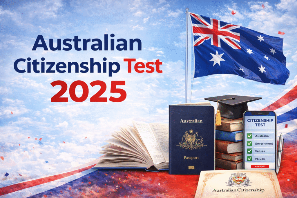 Australian Citizenship Test 2025 preparation guide image featuring Australian flag, passport, study materials, and citizenship test concept for new applicants