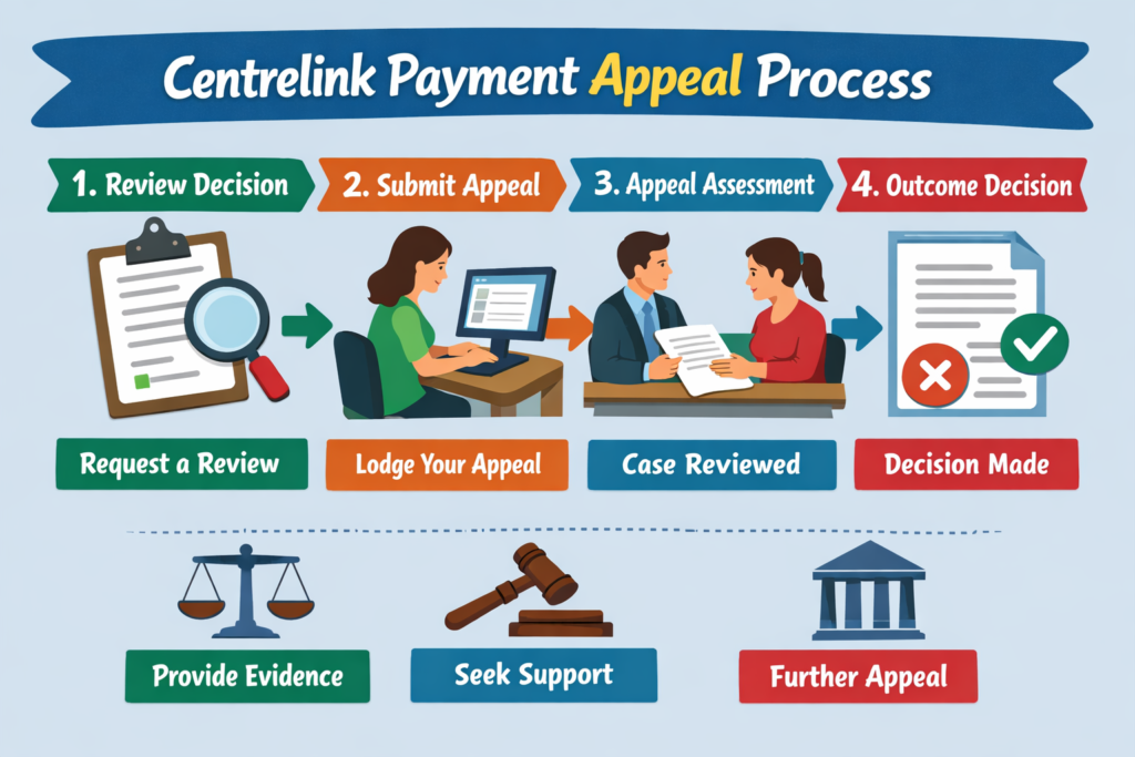 Centrelink Payment Appeal Process infographic showing four steps: 1. Review Decision, 2. Submit Appeal, 3. Appeal Assessment, and 4. Outcome Decision.
