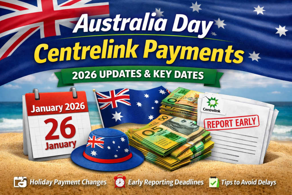 Australia Day Centrelink Payments 2026 updates with payment changes, early reporting deadlines, and tips to avoid delays. Features Australian flag, calendar, money, and Centrelink documents.