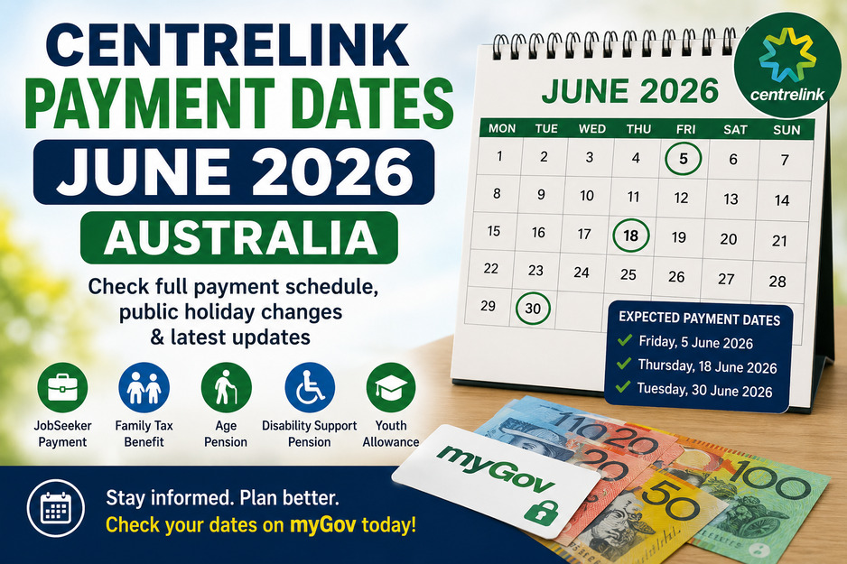 Centrelink payment dates June 2026 Australia with payment calendar, myGov card, JobSeeker, Age Pension, and Youth Allowance schedule.